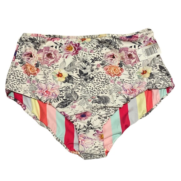 Coral Stripe & White Floral Reversible High Waist Swim Bottom - Picture 4 of 5